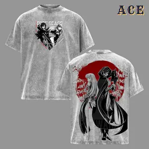 Code Geass T-Shirt, Mecha Rebellion Anime Tee, Dark Aesthetic Streetwear, Vintage Washed Graphic Shirt, Red Sun Design, Mysterious Duo Artwork, Oversized Unisex Top, Shonen Spirit Collection
