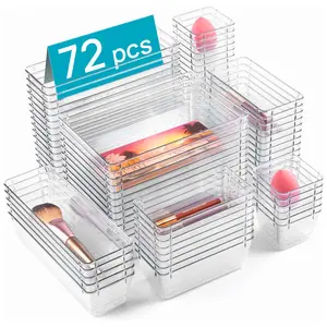 [New Deal] 72 Pcs Clear Plastic Drawer Organizers Set, 4-Size Versatile Bathroom and Vanity Drawer Organizer Trays drawer dividers Multi-size storage trays Photo drawer trays storage box plastic storage boxes 25pcs drawer organizers 1.11.1