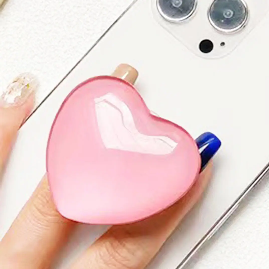 Pink Heart-Shaped Expanding Phone Grip - Finger Snap Grip Holder for iPhone, iPad, Kindle - 3D Glass Crystal Collapsible Mount Holder Stand for Girls Women, Lovely Phone Charm and Accessories，