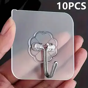 Wall Mounted Plastic Hook, 10pcs/set Pack Punch Free Self Adhesive Wall Hooks, Multifunctional Hook for Bathroom, Bedroom, Office, Kitchen Storage Organization