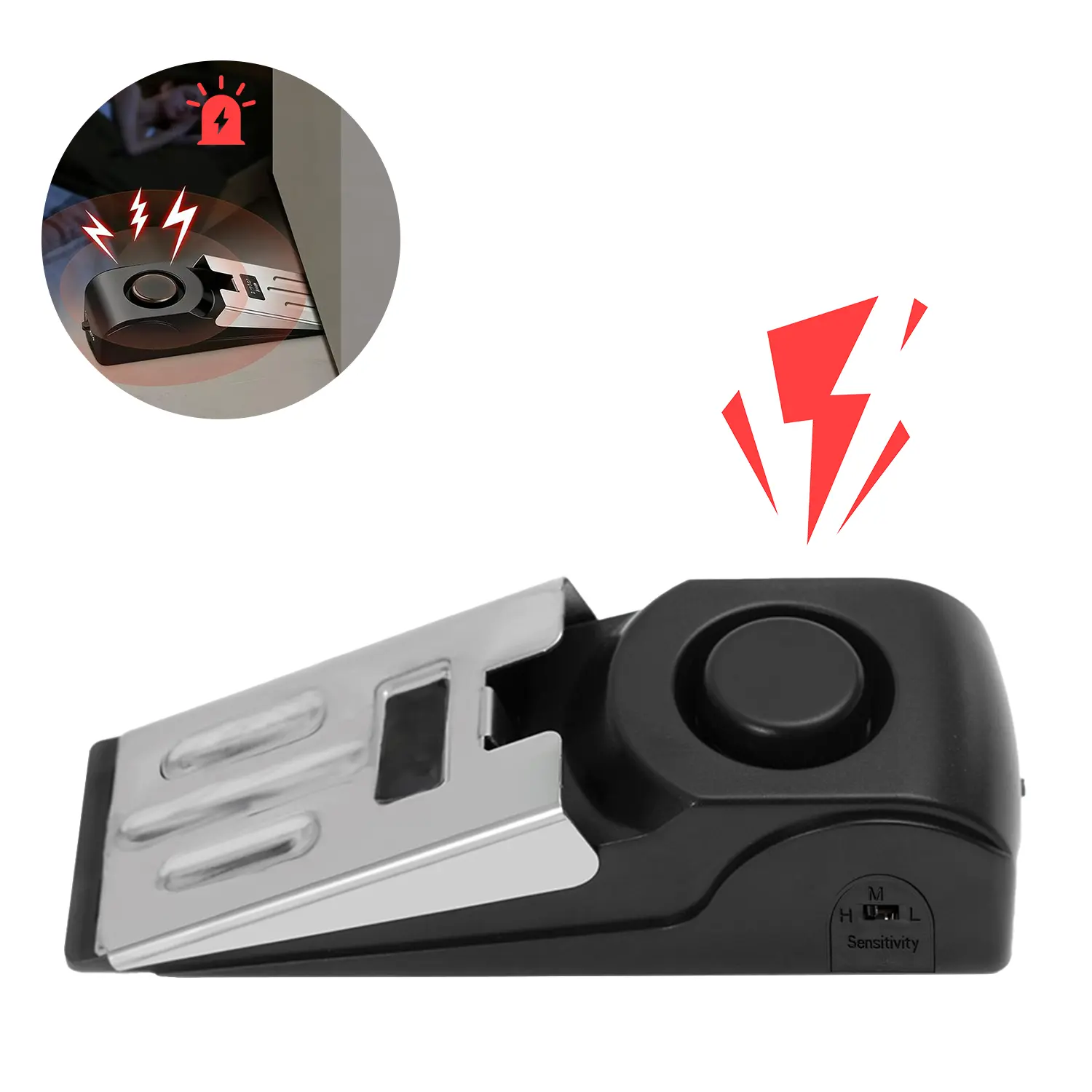 Security Door Stopper Alarm,  Easy to Install No Tools Needed, 20DB Loud Anti-Theft Alarm, Stainless Steel Pressure-Resistant, Safety Tools for Home, Hotel, Travel Door Obstruction, Instant Alarm When Pushed