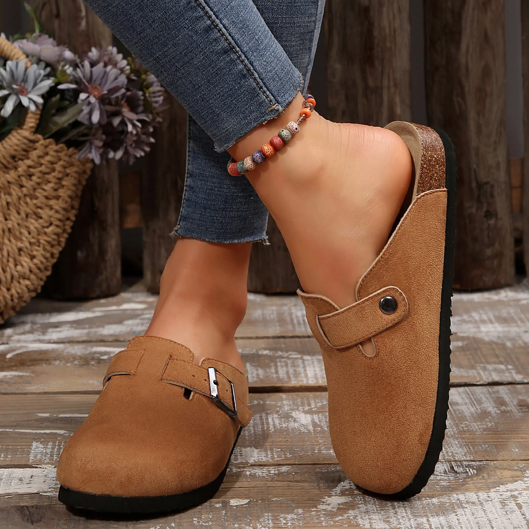 Women's Suede Cork Footbed Sandals Slip-on Potato Shoes with djustable Buckle Cozy Indoor Outdoor Shoes