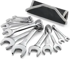 Stubby Combination Wrench Set, SAE, 11-, 3/8'' to 1'', 12-Point, CR-V Steel, with Rolling Pouch