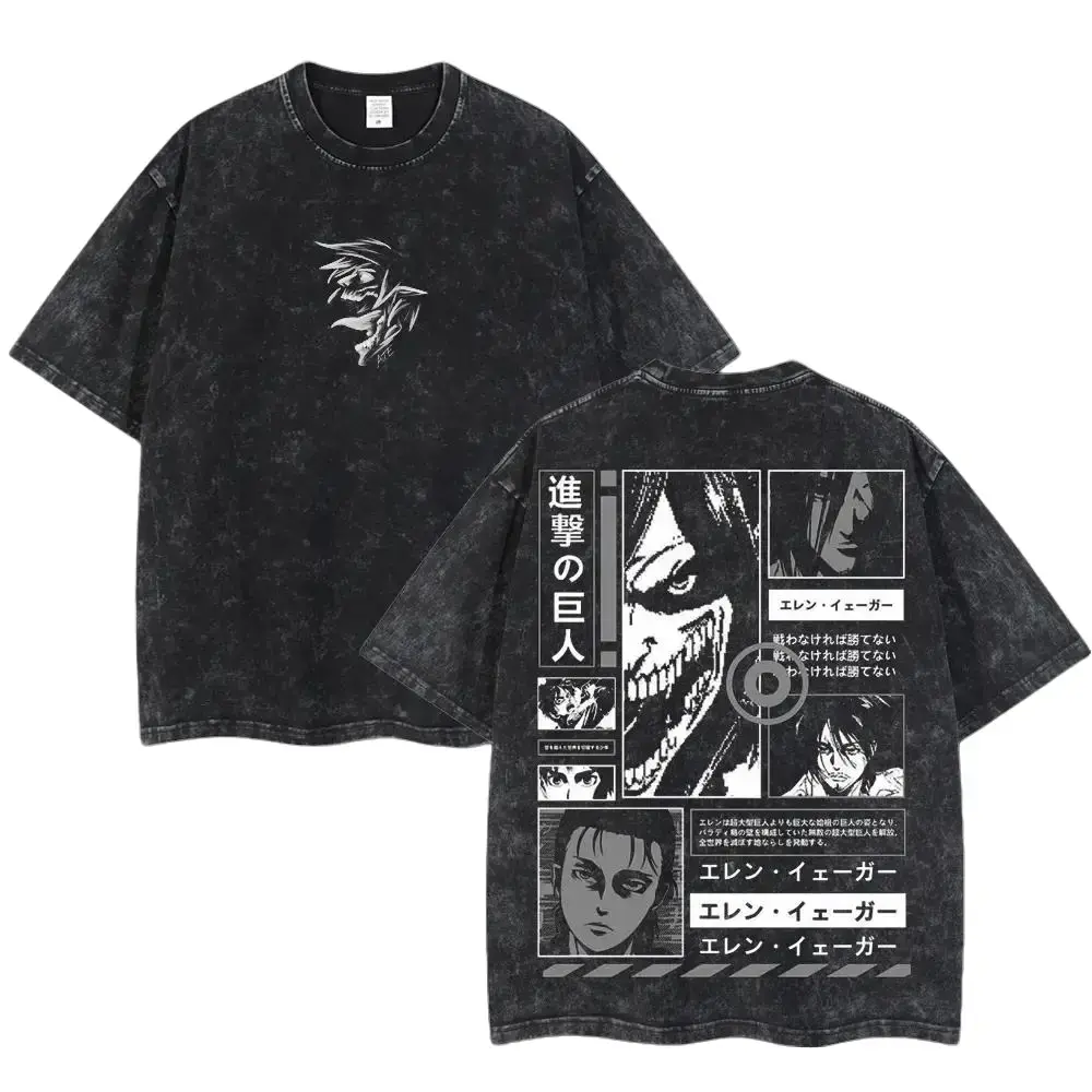 Men's Oversize Graphic Print Soft Short-Sleeve Anime T-Shirt - Classic Round Neck, Retro Washed Design, Attack on Titan Eren Yeager Acid Wash, Manga Panels Back Graphic, Heavyweight Cotton Harajuku Unisex Streetwear Top, M