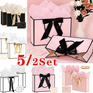 Large Gift Bags with Handles, 5/2set Premium Gift Bag Set with Bow, Tissue Paper & Greeting Cards,Gift Bags for Wedding, Birthday, Party, Baby Shower, Christmas, Bridal Shower