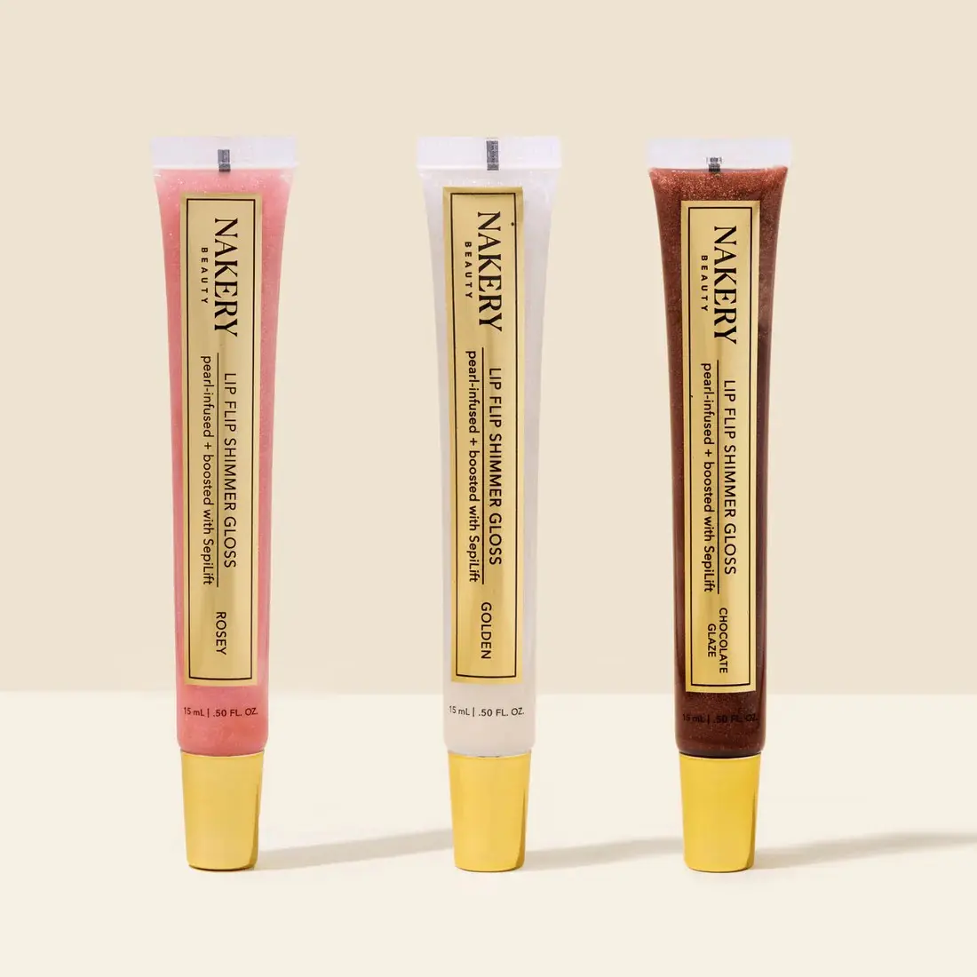 Nakery Lip Flip Volumizing Peptide Gloss, 3-Piece Multi-Pack Cosmetic for Glossy Lips, Moisturizing Formula with Intense Pigmentation - Rosey, Golden & Chocolate Glaze, Nourishing