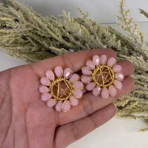 Elegant Pink Floral Earrings with Gold Accents for Women's Fashion Accessory