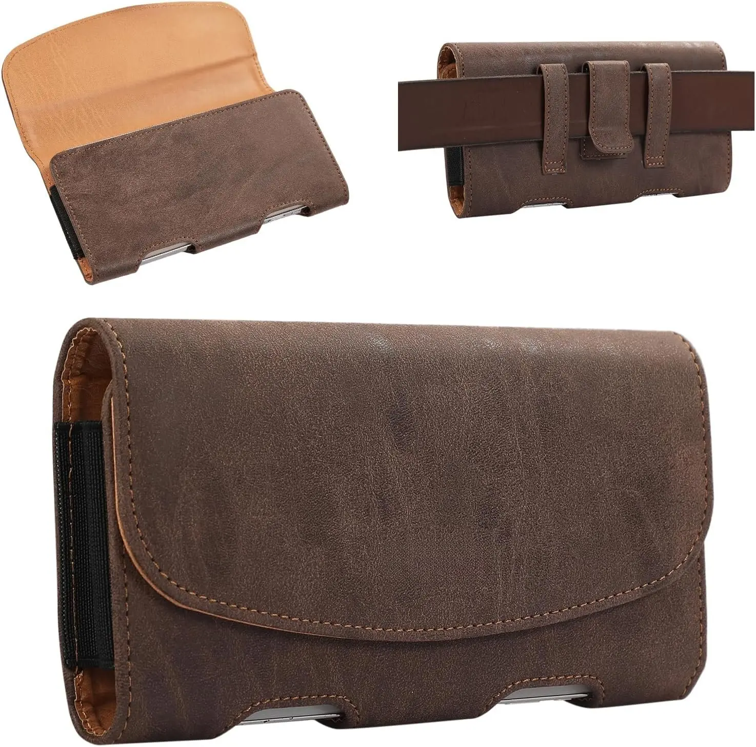 Phone Holster Pouch Case Belt Clip Loops Faux Leather For Man For  X max,iPhone11 12 13 14 15 16 Pro Max,14 15 16 Plus,11, S25 24 23 22 21 plus(Brown&Yellow, L(6.9x3.4x0.8))