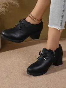 Women's Deep-Heeled Single Shoe Soft Rubber Sole Chunky Heel High Heels Mom Shoes Bowknot Mid-Aged Women's Casual Work Leather Shoes