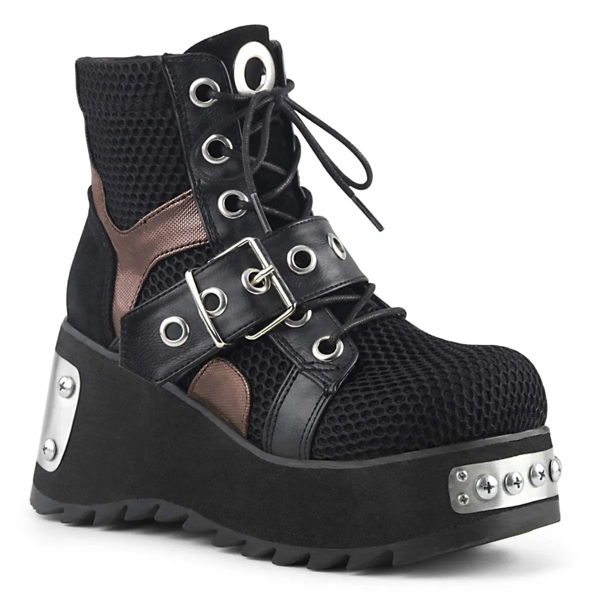 Demonia Scene-53 Black Vegan Leather-Fishnet Fabric Ankle Boots