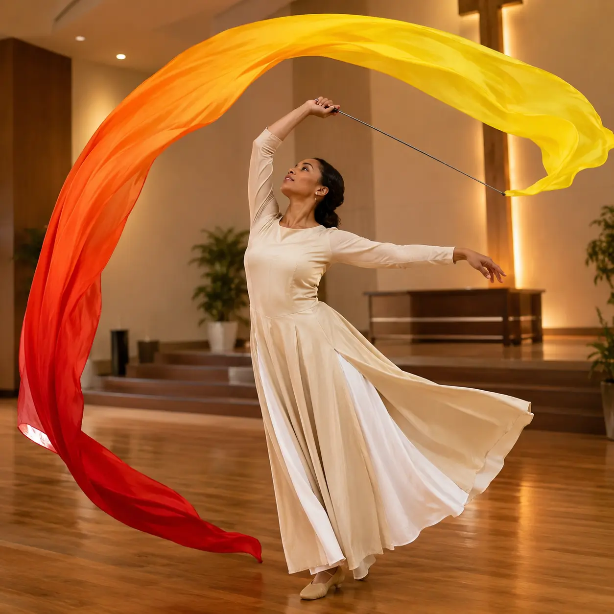 Gymnastics Gradient Yellow Dance Streamer Ribbon with Extendable Rod for Praise Dance, Worship Performance
