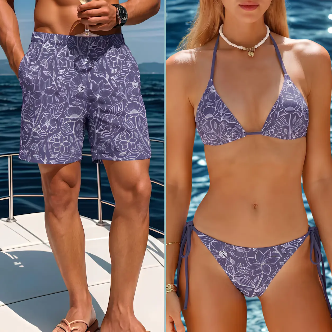 Purple Floral Matching Couple Swimwear, Women’s Triangle Bikini and Men’s Swim Trunks, Tropical Vacation Beach Set