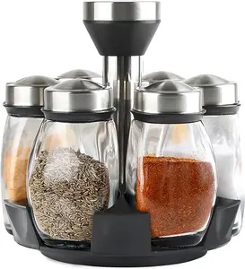 Revolving Spice Rack, 7-piece glass spice jar set with swivel organizer Containers Jars for Cabinet Countertop Kitchen Cooking (Spices Not Included)perfect for kitchen storage and organization Seasoning Stainless Steel Utensils