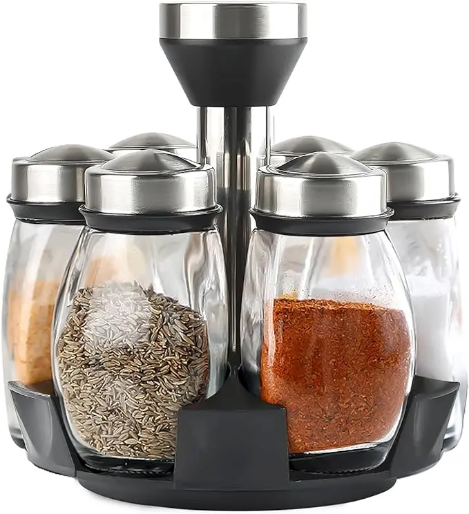 Stainless Steel Corrosion-Resistant Rotatable 360° Spice Rack Organizer, Space-Saver Tower Set with 6 BPA-Free Glass Jars, Lidded Containers for Kitchen Seasonings & Cooking Utensils