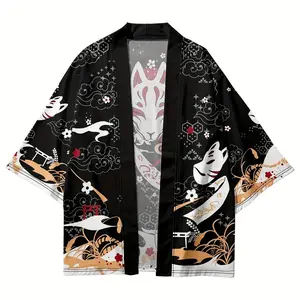 [Plus Size Floral Cardigan Kimono] Plus Men's Ethnic Style Flowers Print Kimono, Oversized Loose Fit Thobe Traditional Costume, Clothing