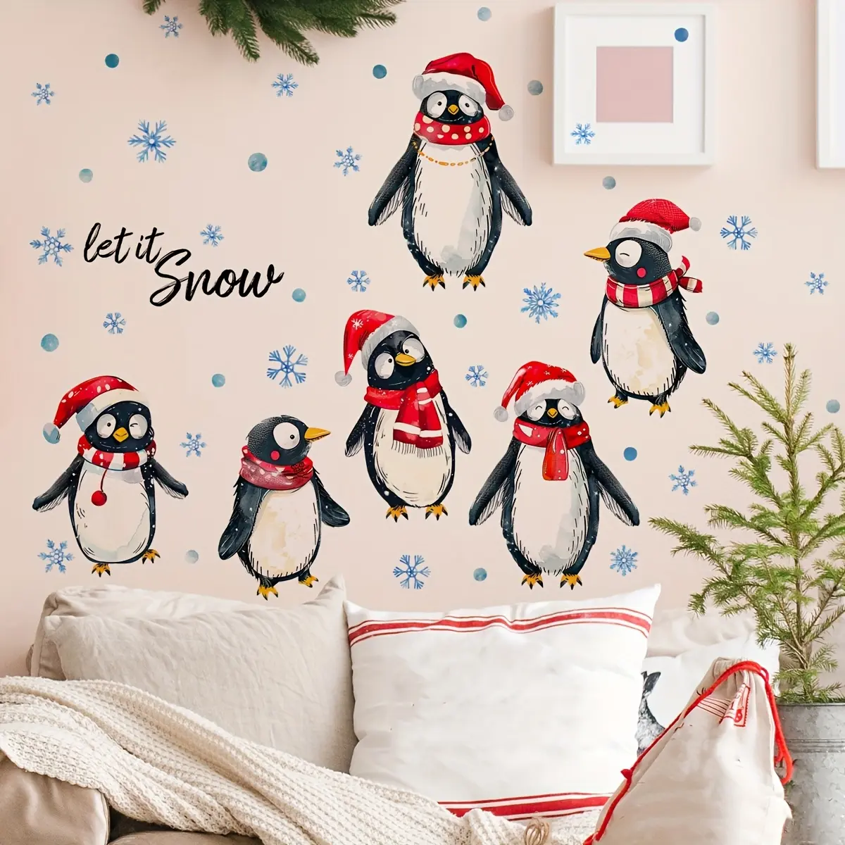 A (30*90cm) Christmas wall sticker decoration featuring penguins and snowflakes, a 2D flat wall sticker for holiday backgrounds and home decoration (MS4418)