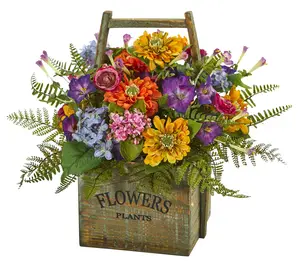 Mixed Floral Arrangement in Wood Basket by Near ly Natural