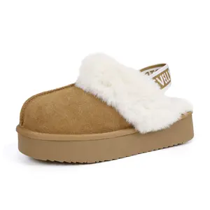 EVELLYHOOTD Women's Chestnut Genuine Leather Platform Slippers with White Fur Lining Non-Slip With TPR Sole Casual Winter Outdoor Shoes for Everyday Use