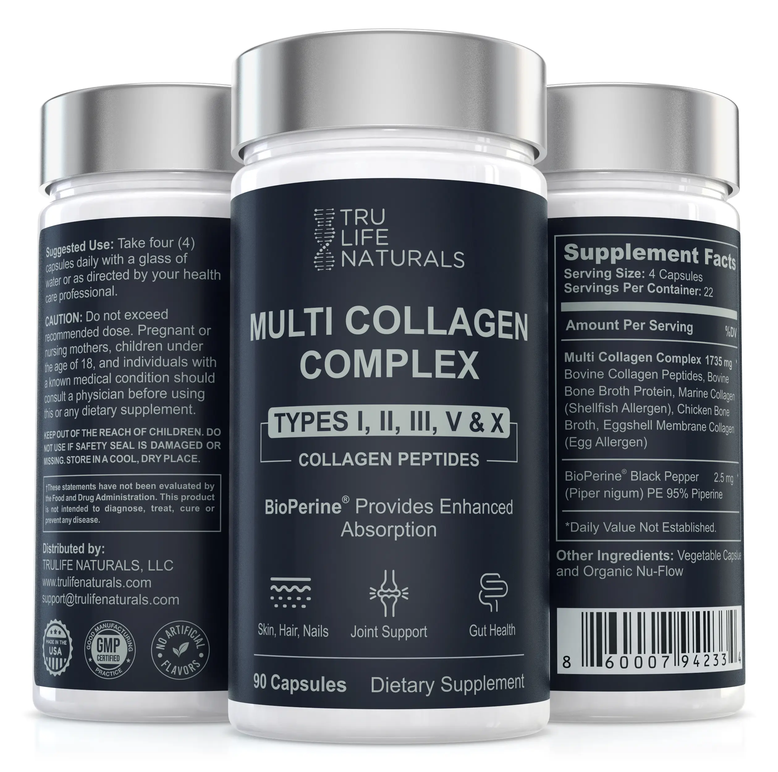 TRULIFE NATURALS Multi Collagen Complex - 5 Types Collagen Peptides with BioPerine, 90 Capsules,  Supports Skin, Hair & Nail Health, Made in USA