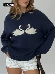 Knit Sweater Top Graphic Knit Sweater Swan Animal Pattern Crew Neck Long Sleeve Knitted Soft Knit Pullover Casual Loose Oversized Cozy Fall Winter Trendy Womens Womenswear Chic Street Style Relaxed Fit Fashion Knit Sweater Knitwear