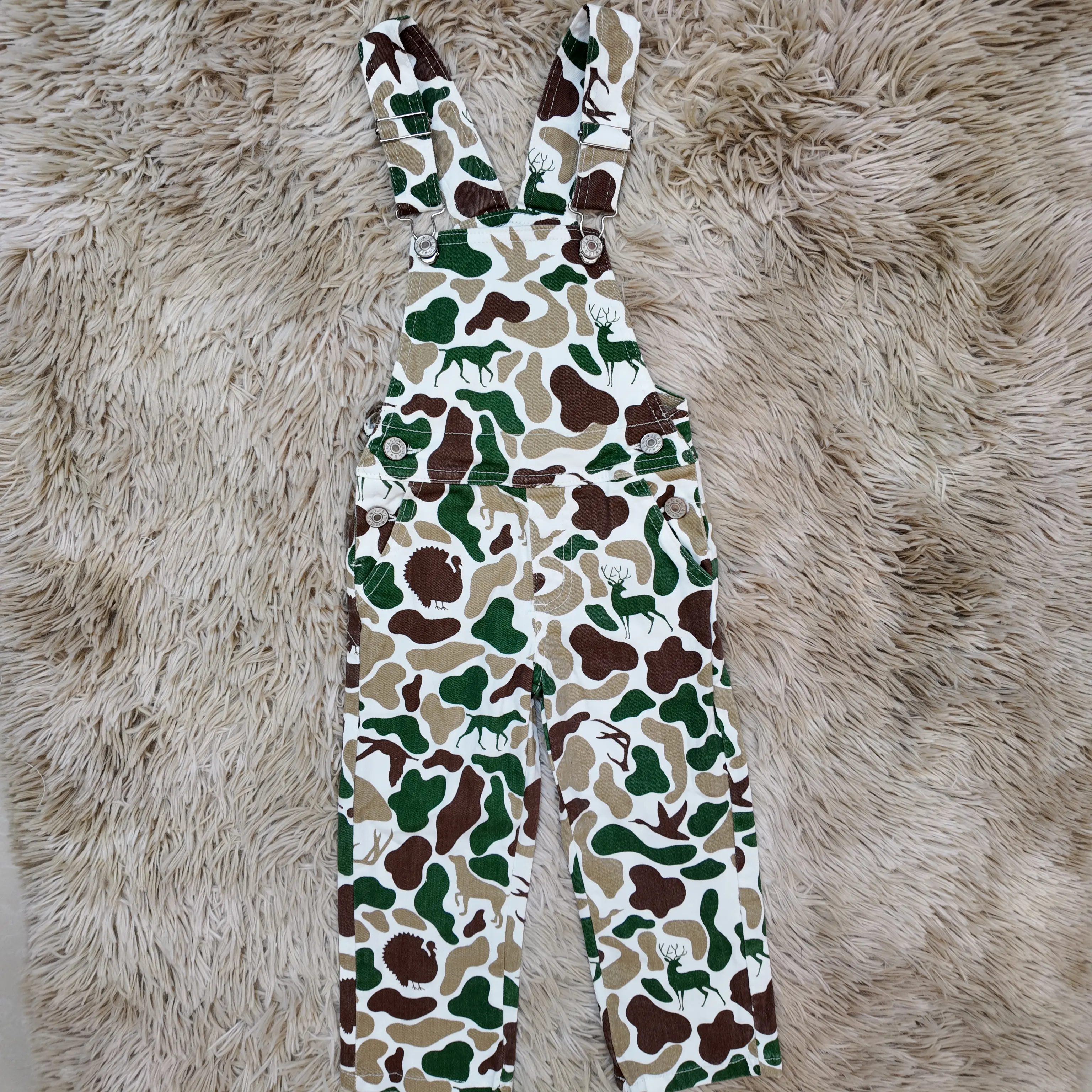 Boys' Denim Overalls in a Boutique Camo Hunting Print with Deer, Dog & Ducks, Adorable Outdoor Wear for Kids 7-8 Years, Boutique Clothing, Denim Fabric, Printed Motifs, All Over Print Boys' Overalls