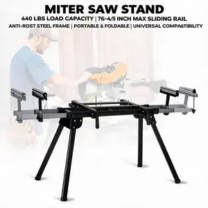 GARVEE 440 LBS Capacity Miter Saw Stand, Universal Folding Saw Stand with 76-4/5 In Sliding Rail, Portable Steel Miter Saw Table with Height-Adjustable Support Rollers & Repeat Cutting End Stops