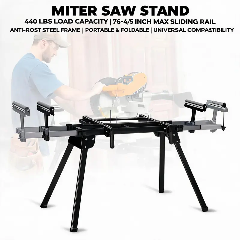 GARVEE 440 lbs Capacity Miter Saw Stand (Tools) - Universal Folding, 76.8 in Max Rail Length, Portable Steel Table with Height-Adjustable Roller Supports, Repeat Cutting End Stops, 27 lbs, Anti-Rust Coat, Steel Frame