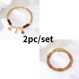Women's 2-Piece Bohemian Evil Eye & Elephant Charm Jewelry Set - Bracelet, Gothic Anklet, Fabric Accessories with Decoration for Everyday Fashion