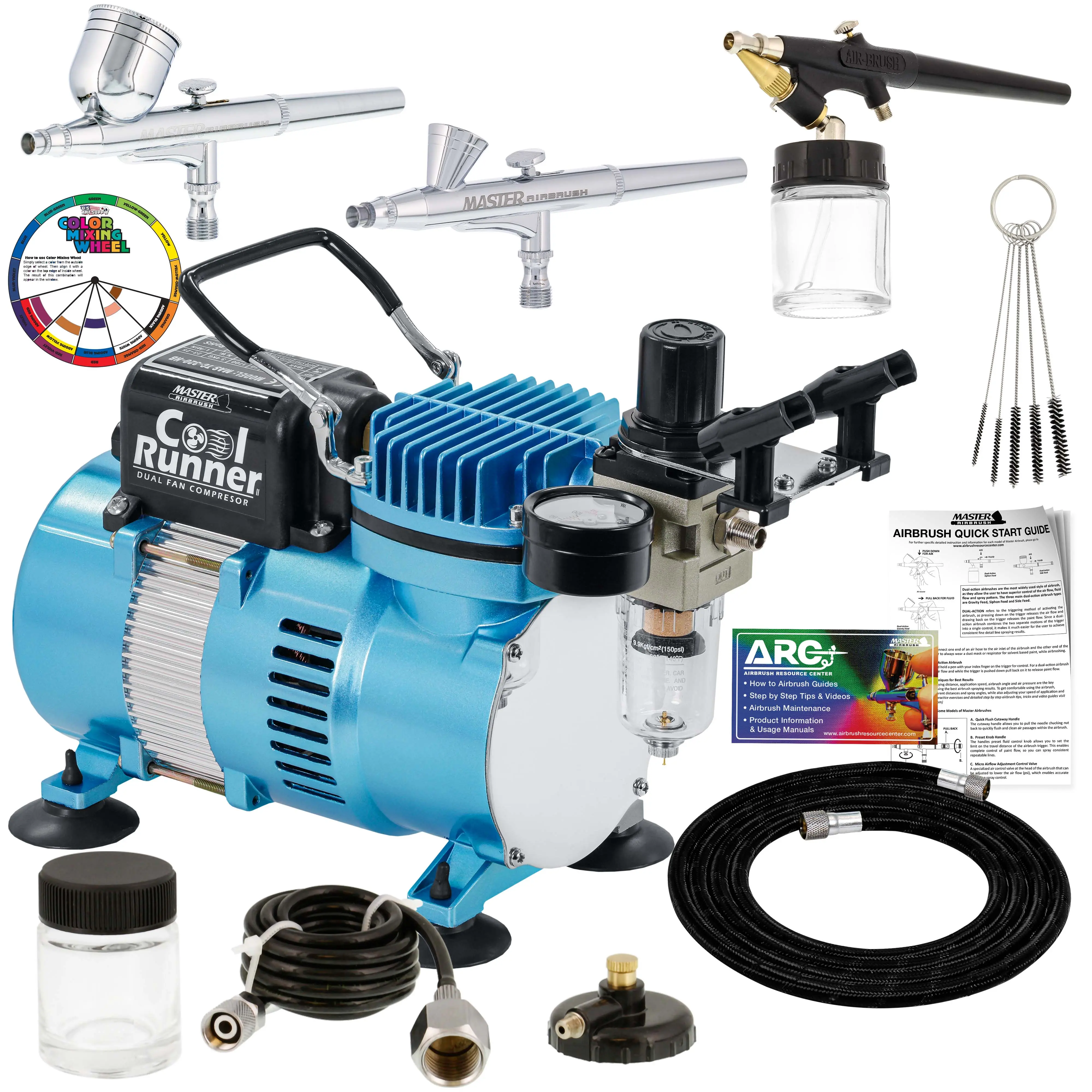 Master Airbrush Cool Runner II Airbrush Kit with Dual Fan Air Compressor, 3 Airbrushes, Cleaning Brushes, Holder, Color Mixing Wheel & How-To Air