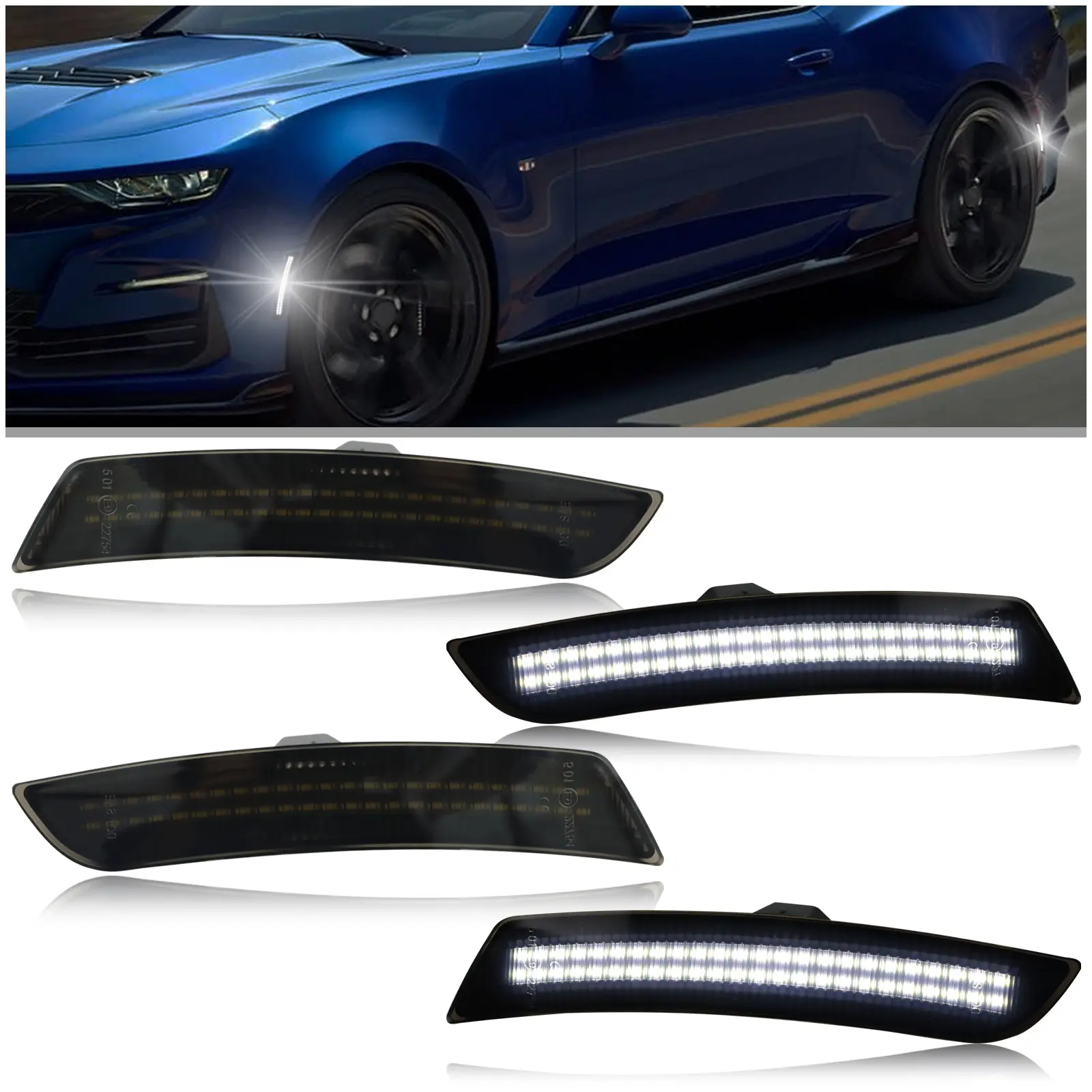 Smoked LED Side Marker Lights for 2016-2023 Chevy Camaro - Dual-Row Bright White LED Turn Signals (4pc Kit) | Plug & Play Direct Replacement