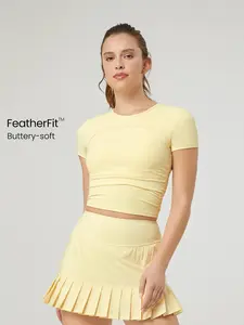 GLOWMODE FeatherFit™ Focus Drawstring Pleated Short Sleeve Tee Light Support Low Impact Yoga Studio Gym Summer