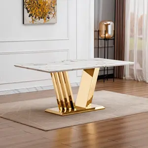 70" Rectangle Dining Table for 6-8 People, Modern Large Faux Marble Kitchen Table with Mirrored Stainless Steel Base, for Formal Dining Room, Open Concept, Entertaining (Gold/White)