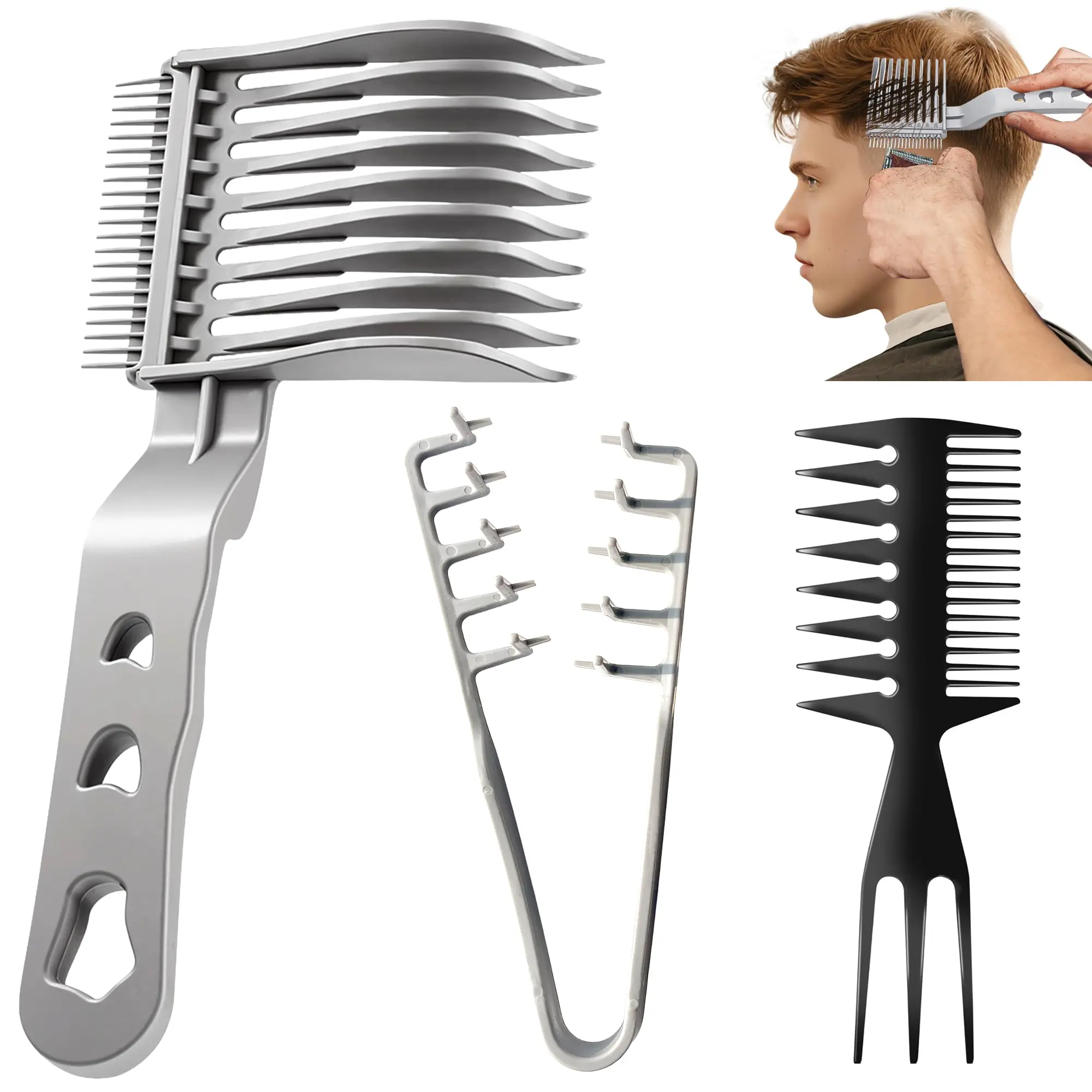 3PCS Barber Comb Set for Men, Fade Blending Comb, Sectioning Clip Comb & Styling Pick Comb for Haircutting