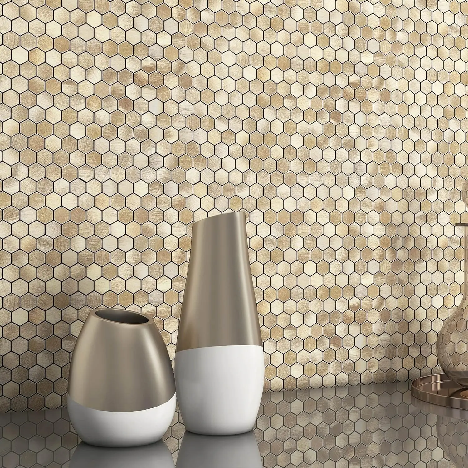Peel and Stick Backsplash Kitchen Mosaic Tiles Penny Hexagon Small Metal Stickers(10PCS, Champagne)