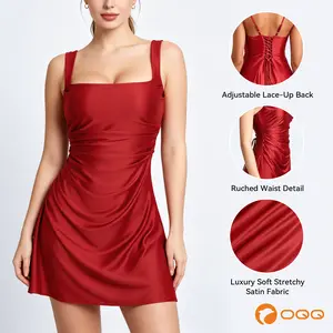 OQQfitness Square Neck Elegant Adjustable Strap Sleeveless Ruched Bodycon Mini Dress