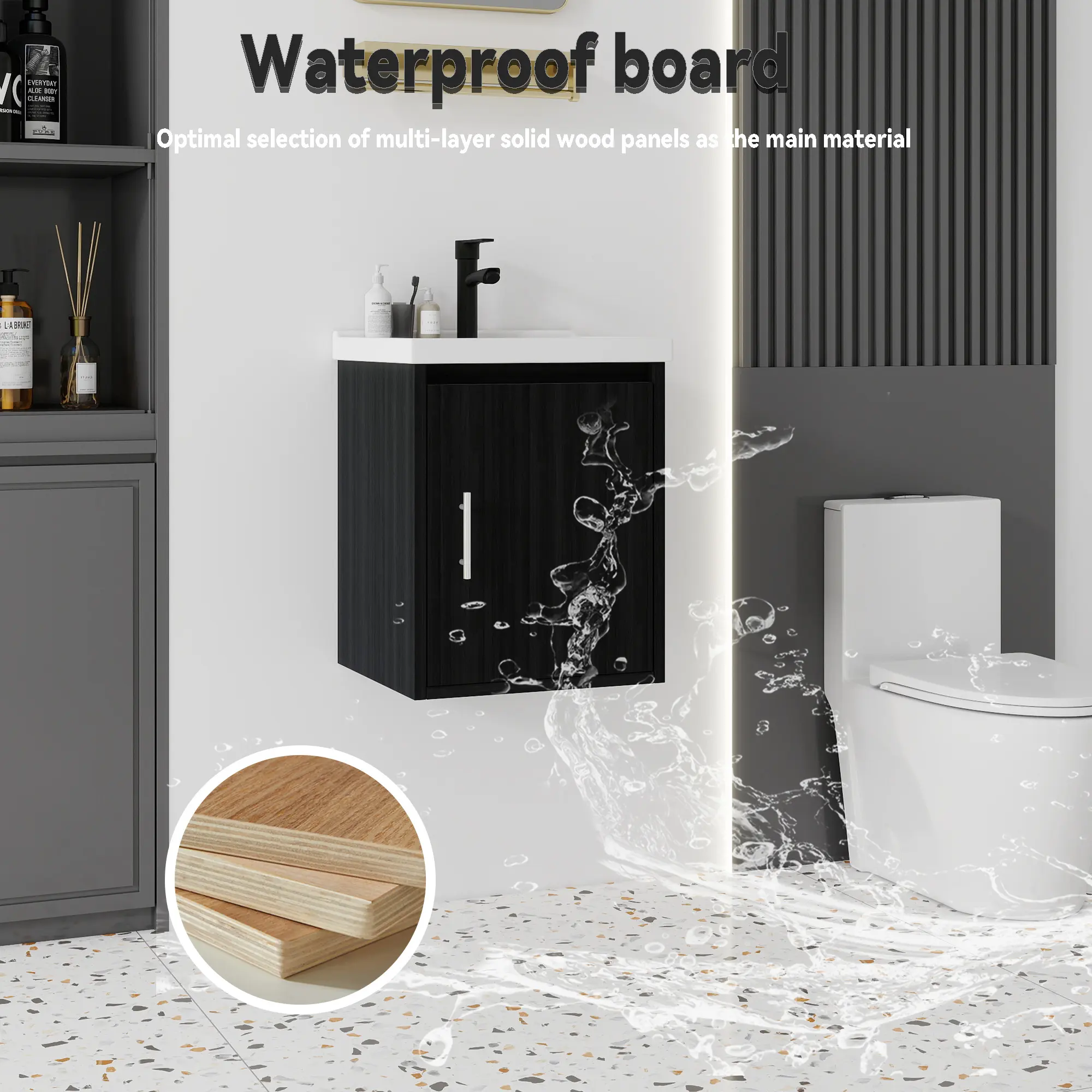 16-Inch Modern Wall-Mount Floating Bathroom Vanity with Square Ceramic Bathroom Sink, Waterproof Durable Eco-Friendly Plywood, Soft-Close Door, Storage, Lightweight, Black Walnut Finish, Assembly Required, Bathroom Sinks