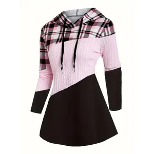 Women's Chic Plaid Patchwork Hoodie - Long Sleeve, Drawstring, Casual Fashion Pullover in Green & Black/White - Soft Polyester Blend, Machine Washable for Fall/Winter, Sweater Hoodie Collar Fabric Tops Womenswear