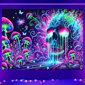 1pc HEGO Vibrant Psychedelic Cosmic Mountains Planets Fluorescent Tapestry - UV Black Light Skull Design, 78.74x59.05 Inch, Durable Polyester, Ideal for Game Room, Dorm, Living Room, Bedroom, Office Decor, Indoor/Outdoor Use, Dorm Room Accessory | Vibrant