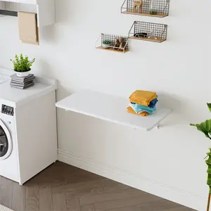 Wall Mounted Folding Table – Space-Saving Floating Desk for Laundry Room, Fold Down Table for Small Spaces, White Foldable Wall Desk for Kitchen, Bathroom, Bedroom, Garage & RV