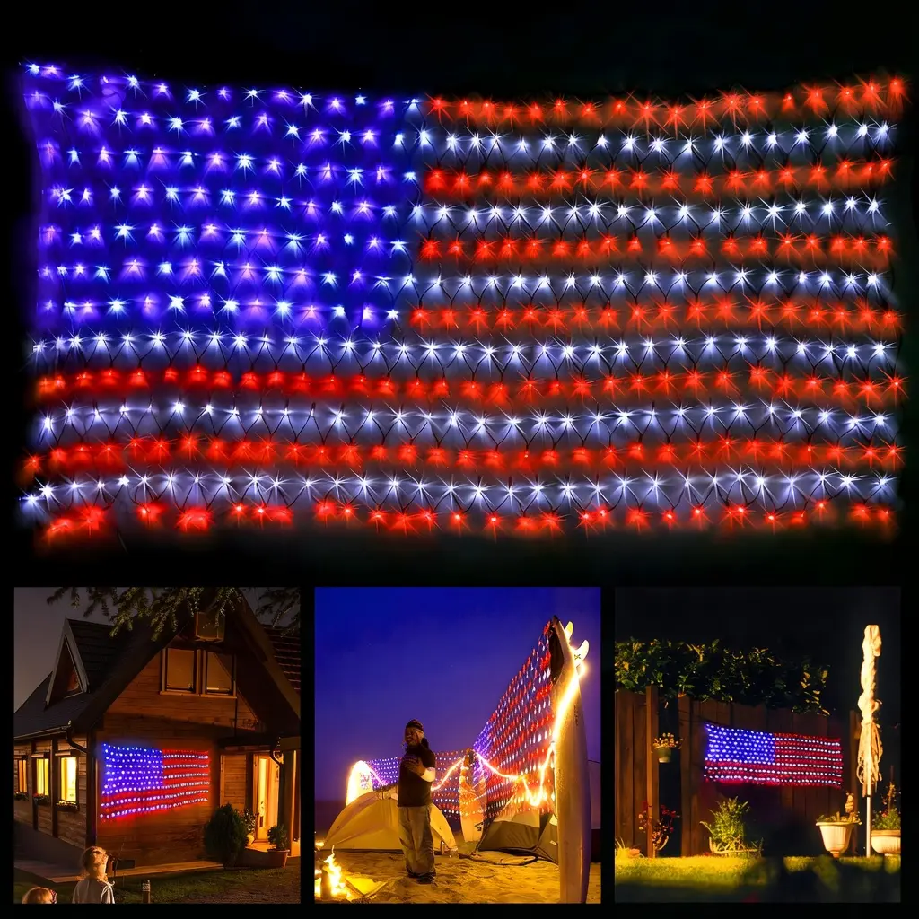 Happy Independence Day!! Led Flag Net Lights of The United States, American Flag Lights, Waterproof American Flag String Light for Outdoor, Independence Day, Memorial Day, Decoration, Garden, Indoor and Christmas (6.5 FT x 3.28 FT)