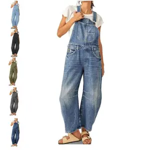 Women’s denim bib overalls with barrel legs, adjustable straps, pockets—overalls/jumpsuit/jeans
