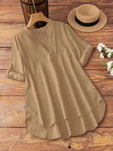 Holiday Casual Roll Sleeve Decorative Button V Neck Shirt Blouse, Stylish Aesthetic Women's Top for Vacation, Comfortable and Trendy Design