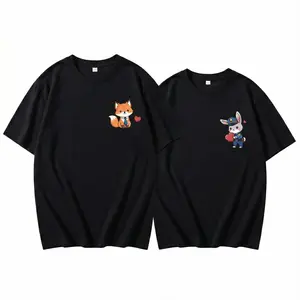 Matching Couple T-Shirts Fox & Rabbit Graphic Tees – Cotton Summer Short Sleeve Tops for Him and Hers. Cute Anime Lovers Gift for Valentine's Day & Anniversary. Womenswear