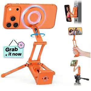 OMOTON TP02 Pro Magnetic Phone Holder for Vlogging, Content Creator Essentials with 1/4" Screw, Arca-swiss, Adjustable Metal Phone Mount & Selfie Stick for iPhone Samsung for  Smartphone [Spring glow up]