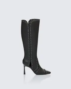 Shanaya Black Real Leather Whip Stitch Boot
