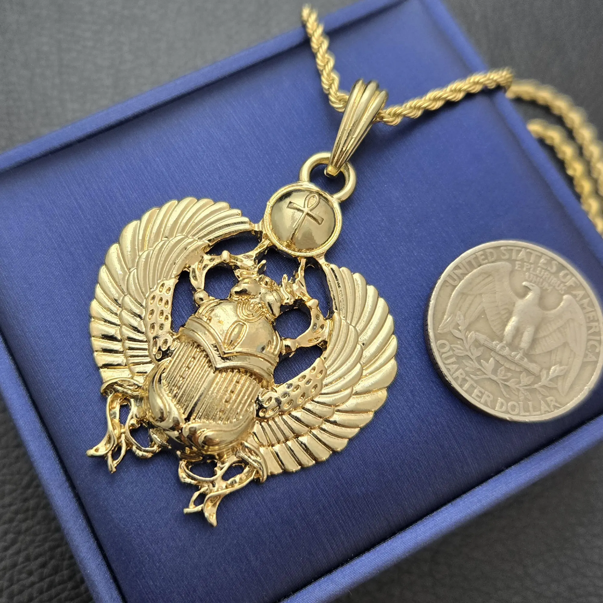 MaxBling81 Gold Plated Ethnic Egyptian Scarab Beetle Motif 40mm x 45mm Amulet Pendant Necklace Set - Unisex Female Casual Costume Jewelry with 18"-20"-24" Multi-Size Rope Chain, Daily, Insect, Metal Coating, Chain Jewelry Necklaces, Pendant & Chain