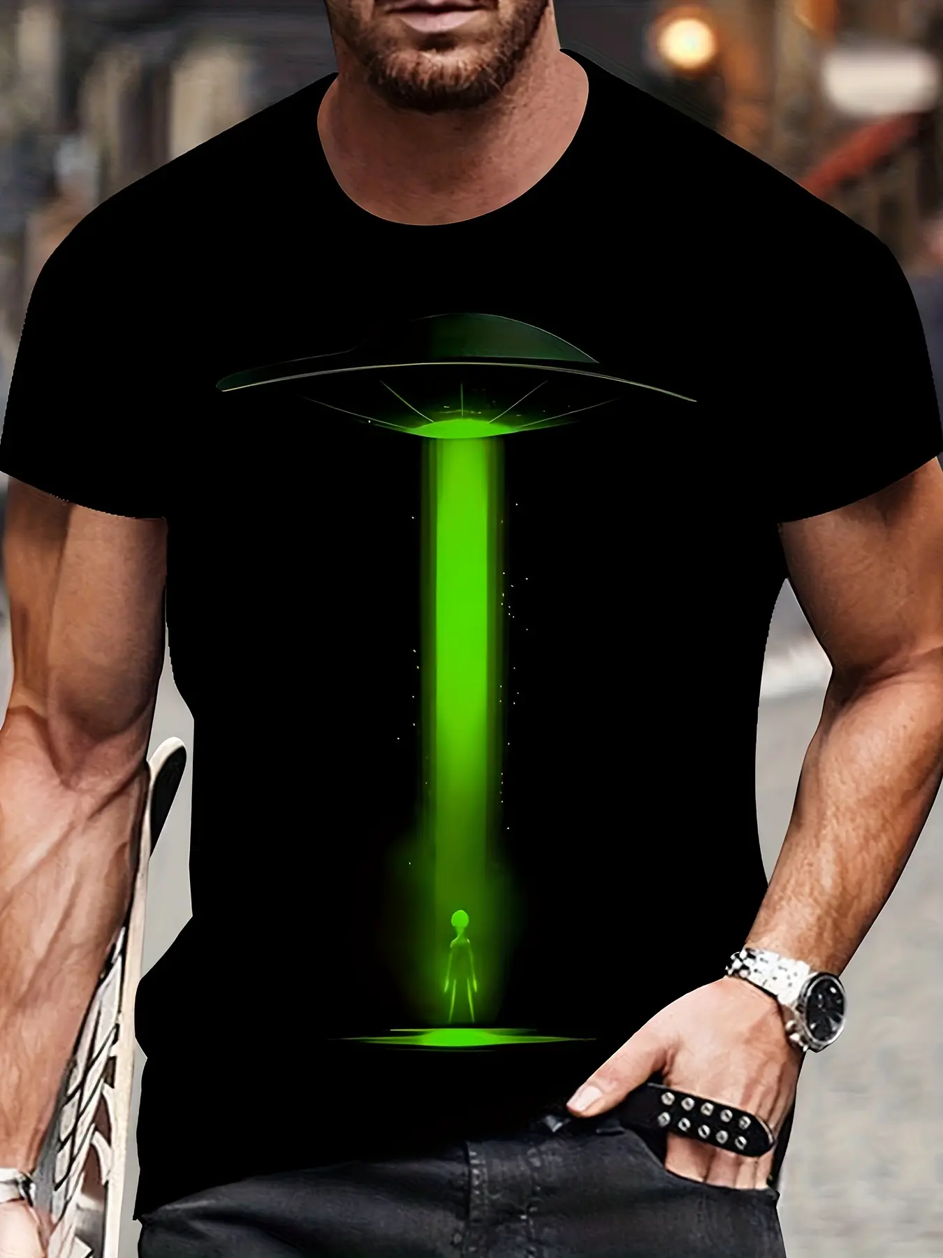 Men'S Black UFO Alien 3D Print T-Shirt| Green UFO & Alien Spacecraft Design, , Round Neck, Short Sleeve, Slightly Elastic, Novelty Sci-Fi Shirt for Casual Wear & Themed Parties