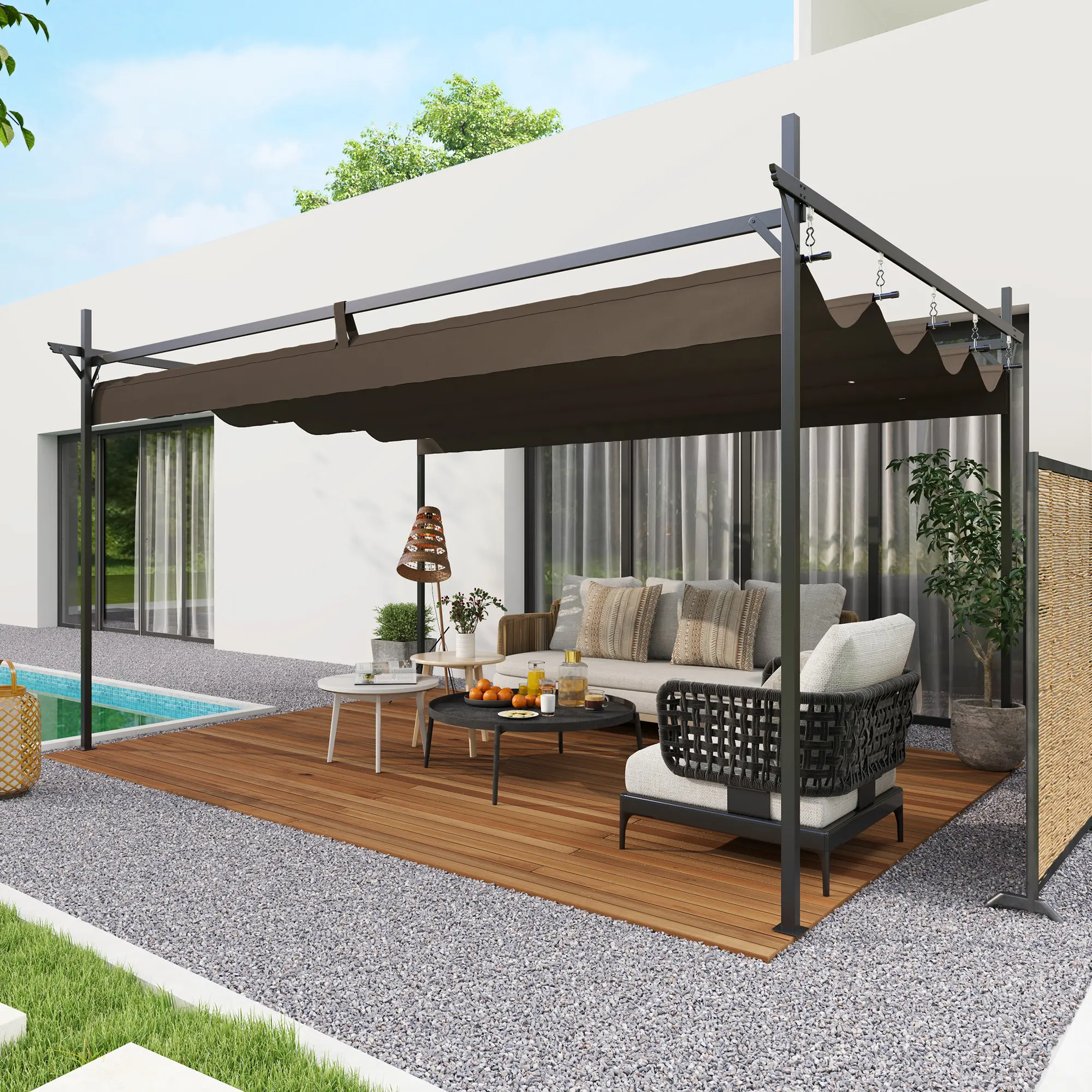 10' x 13' Metal Retractable Pergola Canopy - Heavy-Duty Aluminum Frame Outdoor Shade Shelter, Rust-Proof Brown Finish, Adjustable Track System for Garden Lounge, Patio Dining, Backyard BBQ Station