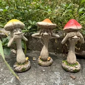 3 Piece Humorous Mushroom Garden Statues, Cute Faces, Outdoor Decor, Courtyard, Lawn, Porch, Unique Gift, Durable Outdoor Sculptures