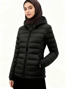 Women's Lightweight Cotton Hooded Jacket, Fall Winter Casual Slim Fit Coat with Pockets, Warm Commuter Outerwear for Ladies, Zip Front Jacket